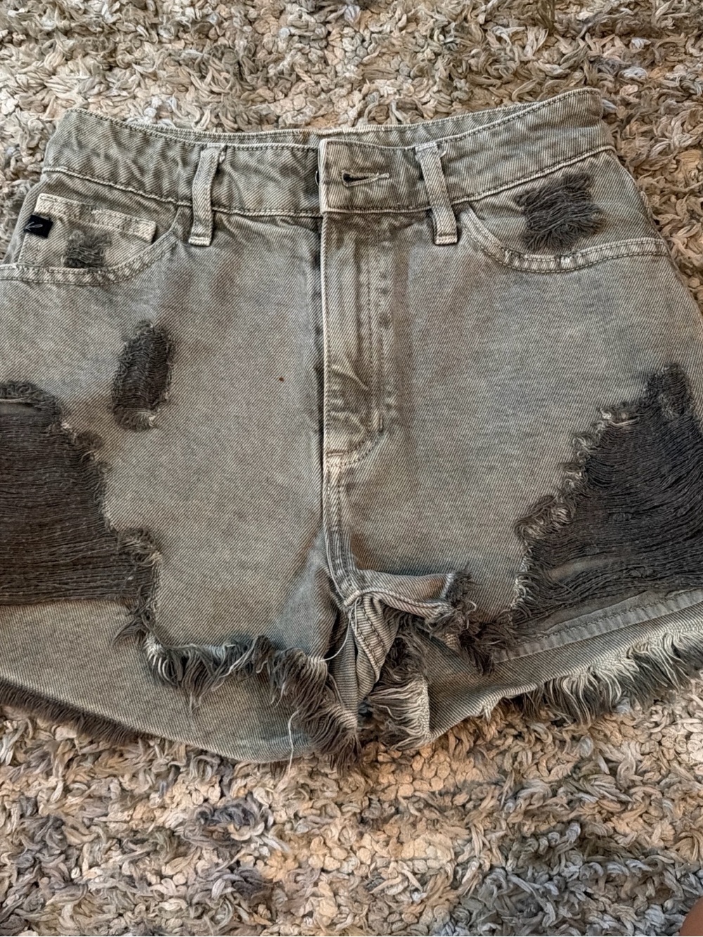 KanCan Distressed High-Waist Denim Shorts in Faded Green
